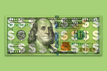 Conceptual illustration of a green US dollar banknote with repeated dollar symbols, representing wealth, finance, investment, profitability, and money-related business concepts.