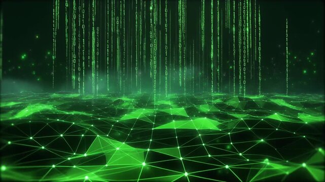 A futuristic digital landscape with glowing green data streams falling onto a networked grid, representing technology and information flow.