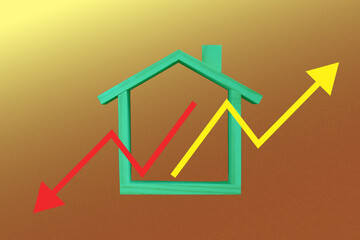 Conceptual illustration of a house with rising and falling arrows, symbolizing housing market volatility, real estate trends, property investment risk, and price fluctuation.