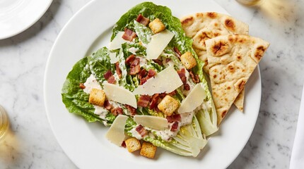 Fresh Caesar salad with crisp romaine lettuce, bacon bits, parmesan shavings, croutons and pita bread.