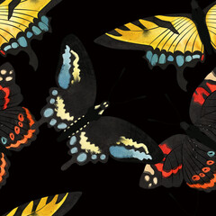 Butterfly. Black swallowtail, Eastern tiger swallowtail, Red admiral. Seamless watercolor pattern for printing on fabric, textiles, wrapping paper, bags, notebooks and notepads. Trend for spring