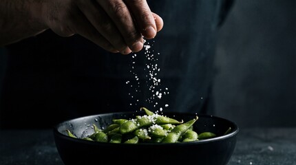 Chef sprinkling coarse salt onto a bowl of fresh green edamame pods with steam rising on a dark background.