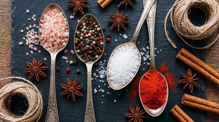 Assorted spices and salts including pink salt, peppercorns, and paprika in vintage spoons on a slate board.