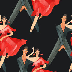 Couples on the parquet dancing La. Professional dancers on the performance. Seamless watercolor pattern for the design of the corporate identity of the brand of the dance school for adults.