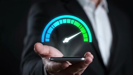 Business professional holding smartphone displaying performance gauge graphic.
