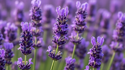 Obraz premium Close-up of vibrant purple lavender flowers blooming beautifully in a sunlit fragrant field, capturing natural beauty and tranquility.