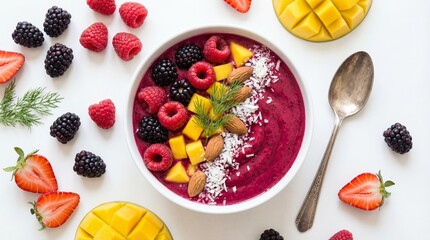 Healthy Berry Smoothie Bowl Topped with Fresh Mango, Raspberries, Blackberries, Almonds and Coconut