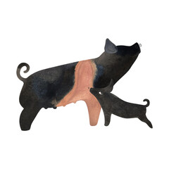 Hampshire pig with piglet. Farm animals, livestock. Characters for an article about village life. Isolated watercolor illustration for a children's encyclopedia.