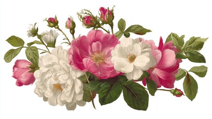 Delicate bouquet of pink and white roses with green leaves