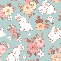 Seamless vector pattern with cute white rabbits and summer flowers. Hand drawn floral background with white bunny. Perfect for textile, wallpaper or nursery print design. 