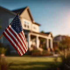 American flag in front of house
