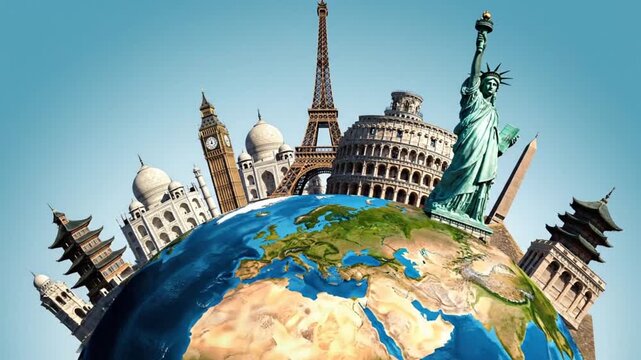 A vibrant composite image showcases iconic landmarks big ben the eiffel tower and the leaning tower of pisa atop a globe