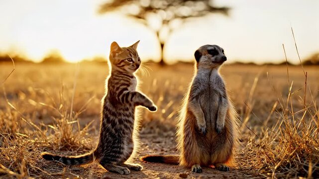 A curious cat and a meerkat standing together in the golden sunlight.
