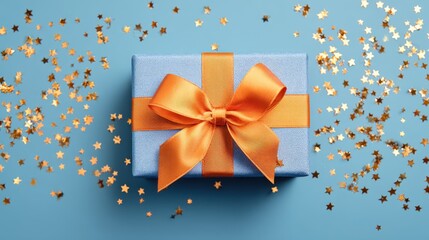 Elegant gift box with orange ribbon and golden stars