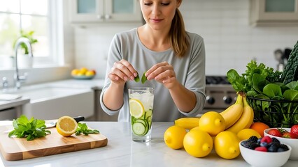 Woman Preparing Healthy Drink with Mint and Lemon in Modern Kitchen