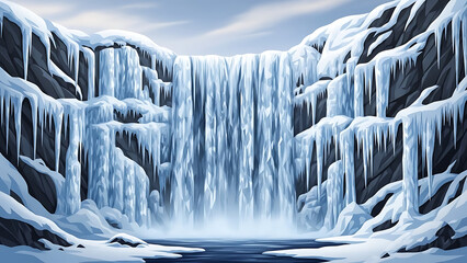 Majestic frozen waterfall illustration with glistening icicles and snow-covered rocky landscape, a serene winter scene.