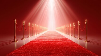 Illuminated red carpet pathway with golden stanchions