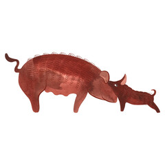 Duroc hog with piglet. Farm animals, livestock. Characters for an article about village life. Isolated watercolor illustration for a children's encyclopedia.