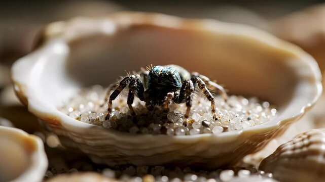 A captivating macro shot of a spider resting inside a seashell with sand.