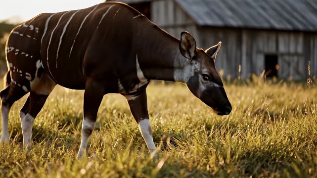 Okapi Grazing in a Field Near a Wooden Building in the Sunlight.