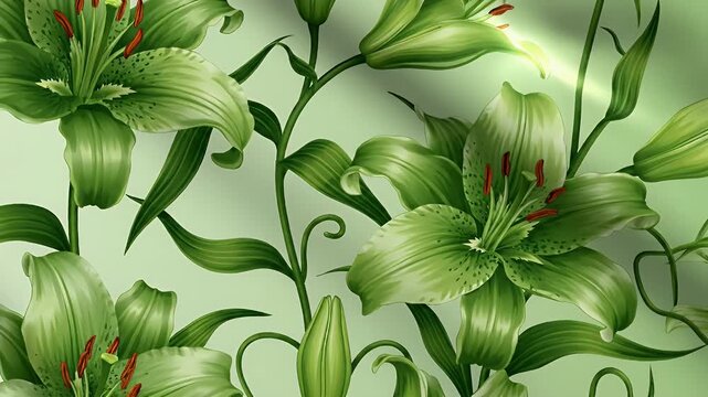 Elegant green lily flowers pattern motion background for creative presentations and designs