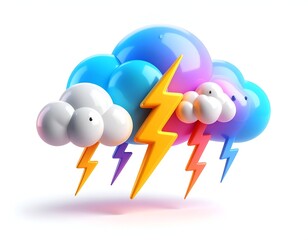 3D-rendered weather icon featuring a colorful cartoon cloud with lightning
