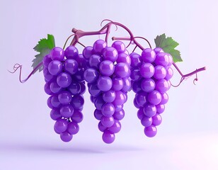 Three bunches of vibrant purple grapes with leaves on a light background
