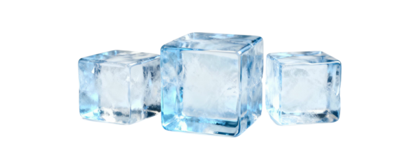 Three Transparent Blue Ice Cubes on White Background