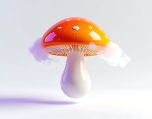 A cartoon mushroom with an orange cap and white stem, emitting smoke