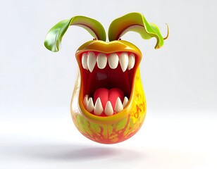 Cartoonish, grinning creature with large teeth, open mouth, and green ears