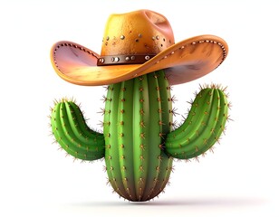 A cactus with arms wearing a cowboy hat, isolated on white
