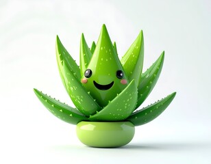 A smiling aloe vera plant character, rendered with soft lighting, and in a pot
