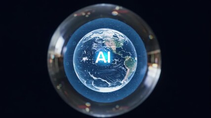 Transparent ball holding realistic Earth model and glowing intelligence abbreviation, image symbolizes worldwide coverage of digital networks and influence on planetary computer processes - Powered by Adobe