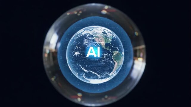 Transparent ball holding realistic Earth model and glowing intelligence abbreviation, image symbolizes worldwide coverage of digital networks and influence on planetary computer processes
