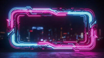 Abstract Futuristic Neon Frame with Vibrant Glowing Cyber Lines against a Dark Urban Backdrop