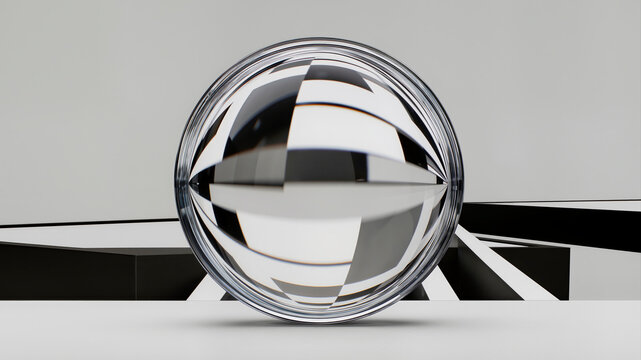 Transparent crystal glass sphere reflecting black and white geometric stripes on clean white surface with a minimalist background - Powered by Adobe