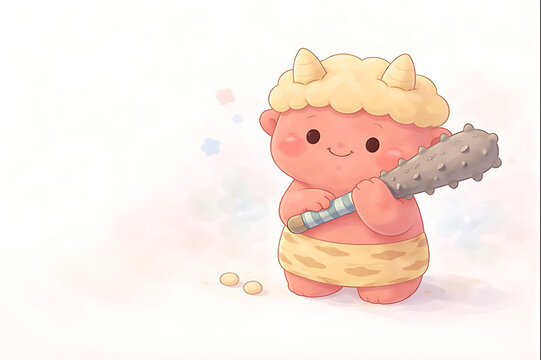 金棒を担ぐかわいい鬼のパステルイラスト
