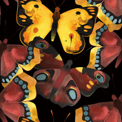 Peacock butterfly, Orange Sulfur or Colias eurytheme, Morning cloak or Nymphalis antiopa. Seamless watercolor pattern for printing on fabric, textiles, wrapping paper, bags, notebooks and notepads