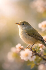 朝日を浴びるウグイスの美しいクローズアップ