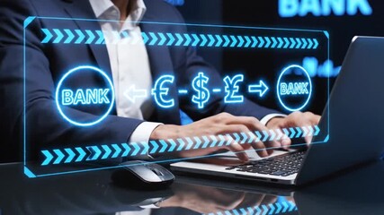 A professional is utilizing a laptop with digital currency symbols and banking interfaces displayed illustrating modern financial technology and global transactions - Powered by Adobe