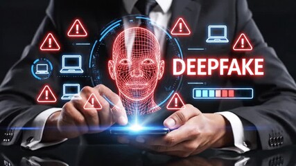 A business professional interacts with a smartphone displaying a digital representation of a face and warning signs emphasizing the risks of deepfake technology
