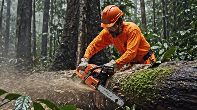 Lumberjack cutting down a large tree trunk with a chainsaw in a dense forest