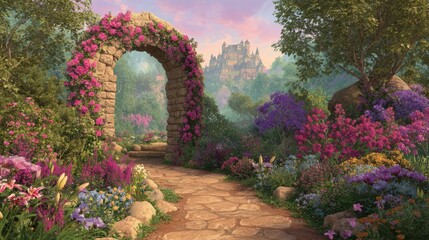 Enchanted garden archway with blooming flowers leading to a medieval castle