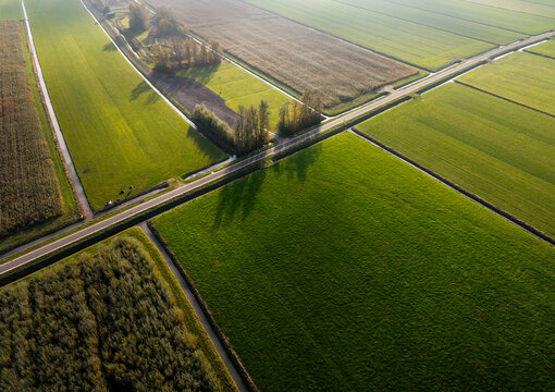 Aerial view of Dutch polder landscape in autumn with fields and backlight