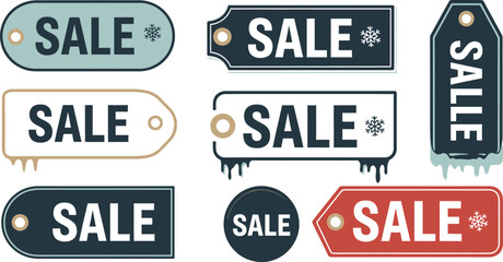 Collection of diverse winter seasonal sale tags and labels featuring different shapes and vintage melting ice effects perfect for holiday promotions