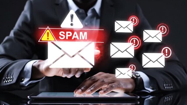 A professional businessman interacts with a digital tablet displaying multiple email icons with spam warnings highlighting cybersecurity risks and email fraud concerns