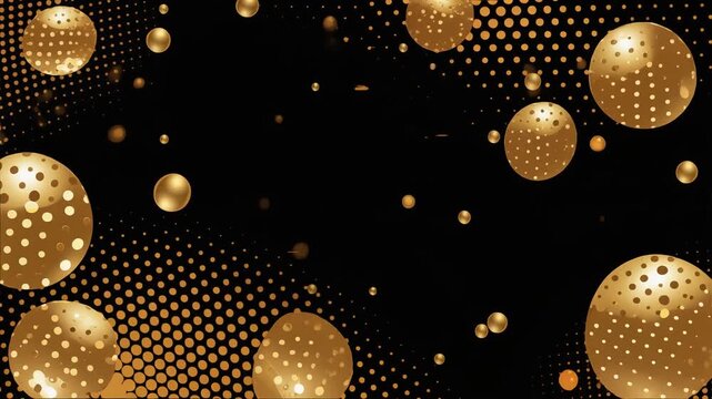 Abstract background with shimmering golden spheres and halftone dot patterns on a dark black backdrop, creating a luxurious and festive visual.