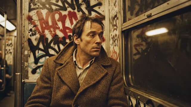 Man in a contemplative mood rides the subway surrounded by graffiti-covered walls