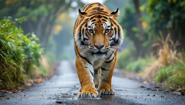 Majestic tiger walks confidently down a wet road in the forest.