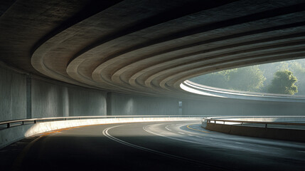 Fototapeta premium An architectural marvel featuring a curved road gracefully disappearing into a tunnel, with a glimpse of the outside world visible in the distance. The interplay of light and shadow.